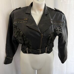 Vintage French Lambskin Leather Moto Jacket Floral Panels Size 14 Biker Grunge